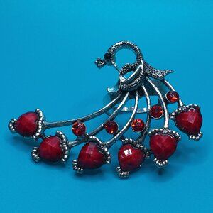 Red Peacock Ring, Silver color, Red rhinestone, shiny crystals